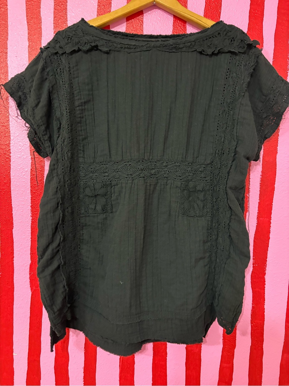 Free People Black Gauze Crochet-Trim Short Sleeve Top